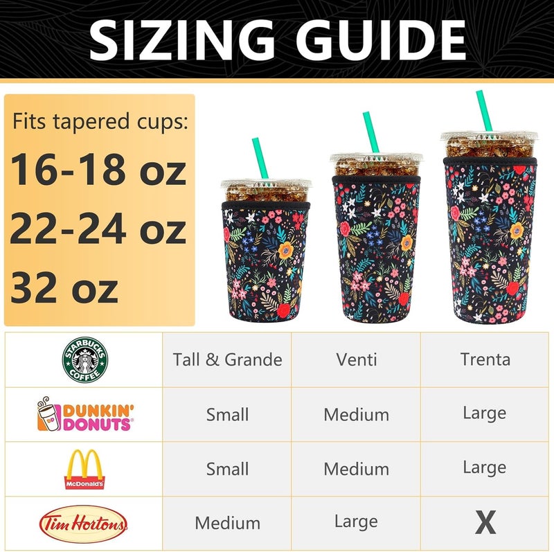 YR Reusable Neoprene Insulator Sleeve for Iced Coffee Cups, 3 Pack Coffee Coolies sleeves for Iced & Hot Drinks, Cold Beverage Cooler Compatible with Starbucks Coffee and More (Little Flower) - Image 2